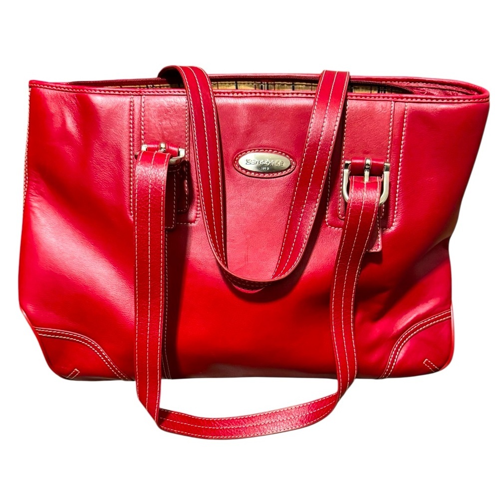 Samsonite Bright Red Leather Carryon Tote Travel Bag 3 Large Compartments